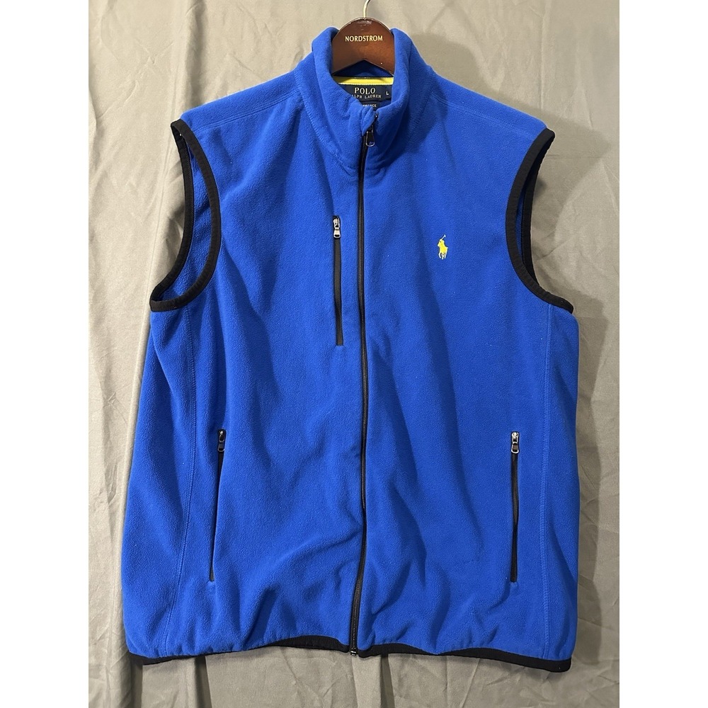 Polo Ralph Lauren‎ Performance Mens Large Blue Fleece Full Zip Vest Yellow Pony